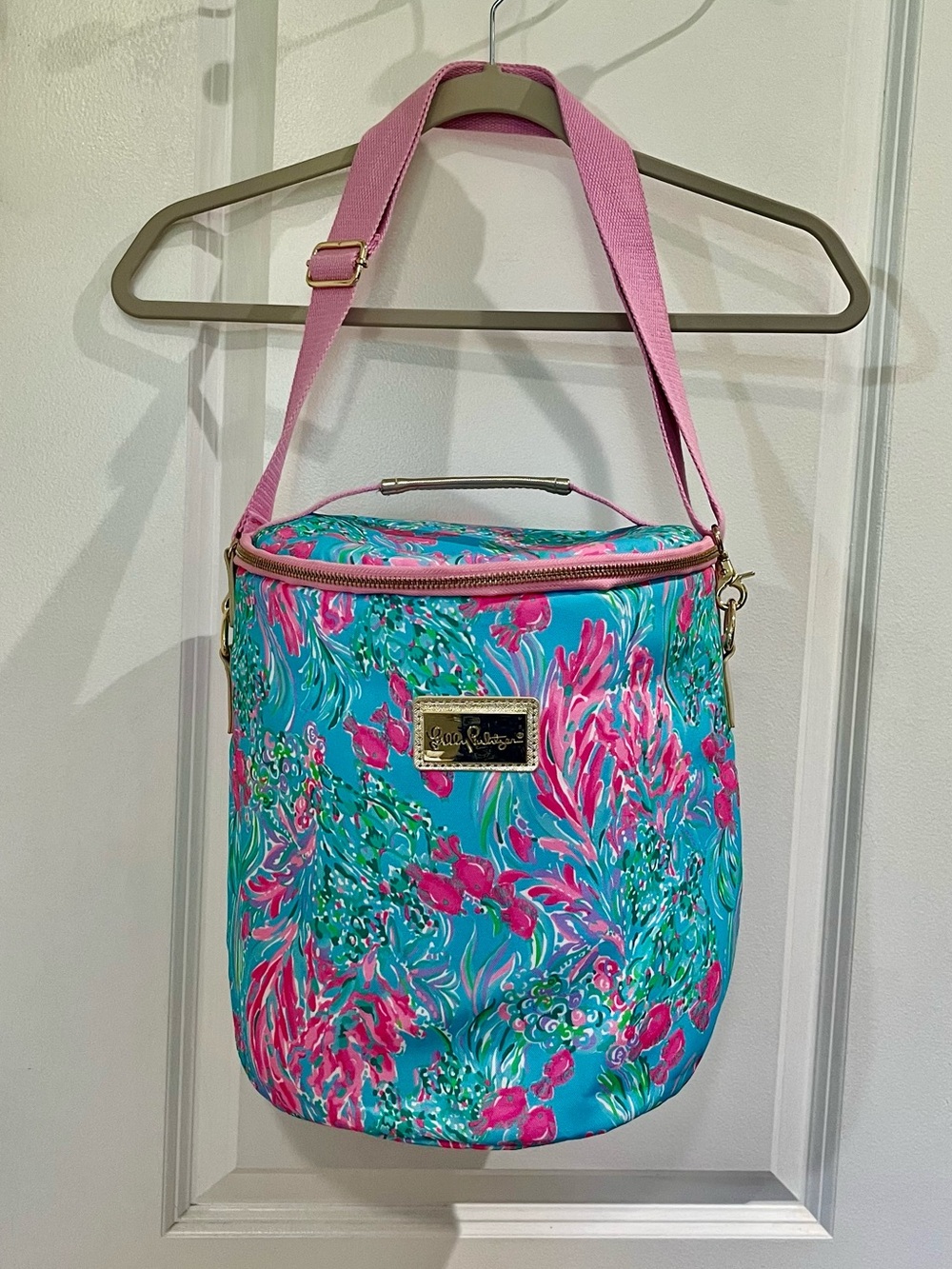 Lilly Pulitzer Insulated Beach Cooler Bag Canvas EVA Best Fishes Print Pink Blue